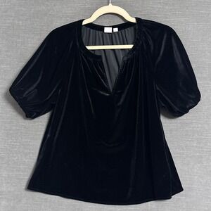 Gap Top XS Black Velvet Puff Sleeve Split Neck Blouse Fall Boho Whimsigoth